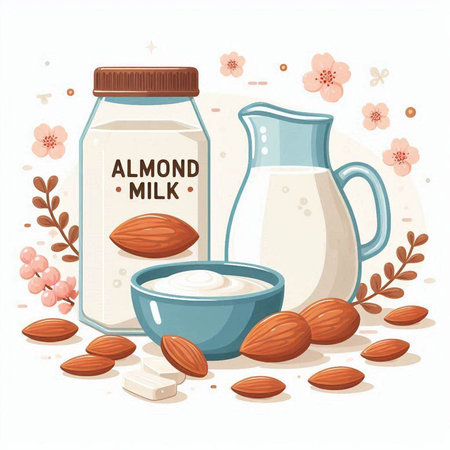 Almond milk and almond milk in glass jar. Vector illustration.のイラスト素材