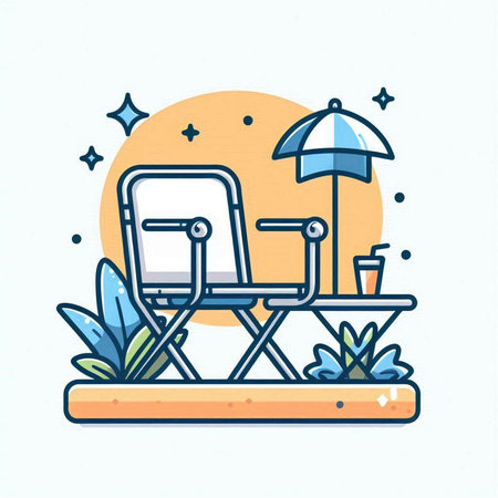 Beach chair with umbrella and coffee in flat line style. Vector illustration.のイラスト素材