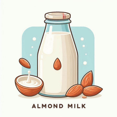 Almond milk in a glass bottle with almonds. Vector illustration.のイラスト素材