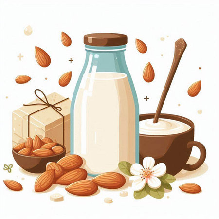 Almond milk in a glass bottle with a spoon, nuts and flowers.のイラスト素材