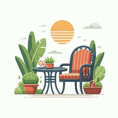 Vector illustration of a summer terrace with armchair, table, coffee table and plants.のイラスト素材