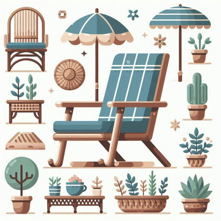 Wooden deck chair with umbrella and potted plants. Vector illustration in flat style.のイラスト素材