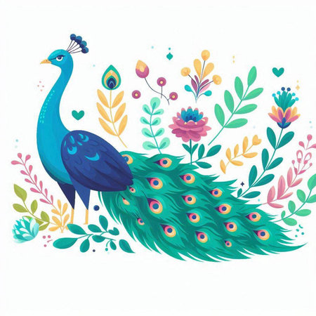 Peacock and floral background. Hand drawn vector illustration for your designのイラスト素材