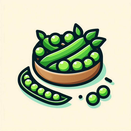 Green peas in a wooden bowl. Vector illustration in cartoon style.のイラスト素材