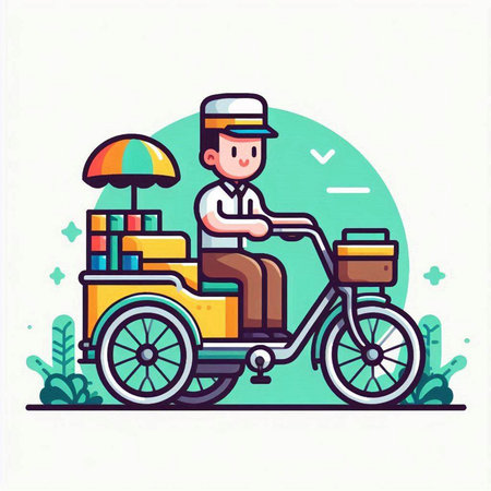 Vector illustration of a man riding a tricycle with a lot of boxes.のイラスト素材