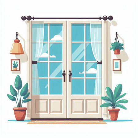 Flat design illustration of the entrance to the house with a large window.のイラスト素材
