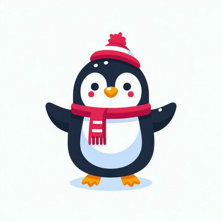 Cute cartoon penguin in a hat and scarf. Vector illustration.のイラスト素材