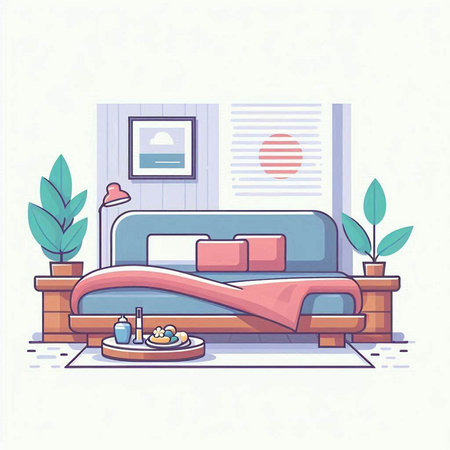 Bedroom interior. Vector illustration in flat style. Bedroom with furniture.のイラスト素材