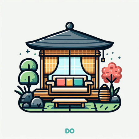 Vector illustration of a wooden house in the garden. Flat style.のイラスト素材
