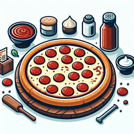 Vector illustration of pizza with pepperoni, tomato sauce and spices.のイラスト素材