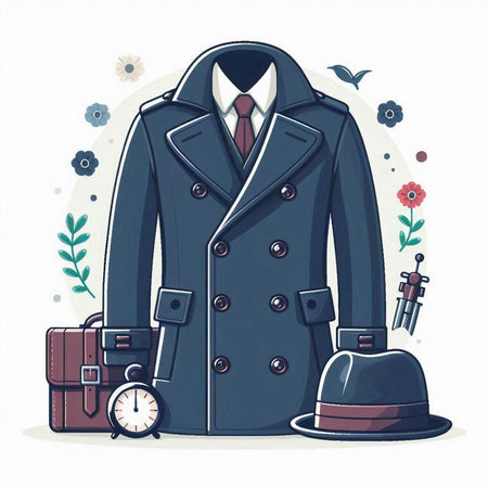 Vector illustration of a coat with a hat and a briefcase.のイラスト素材