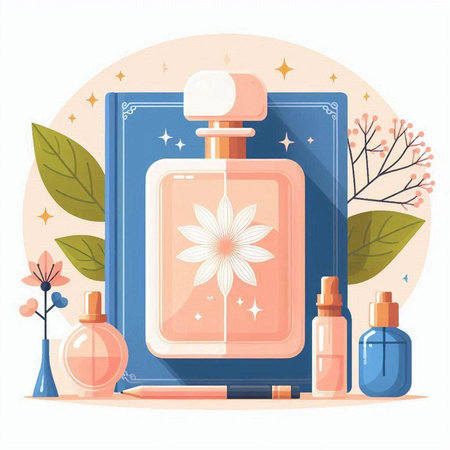Perfume bottle with flowers and leaves. Vector illustration in flat styleのイラスト素材