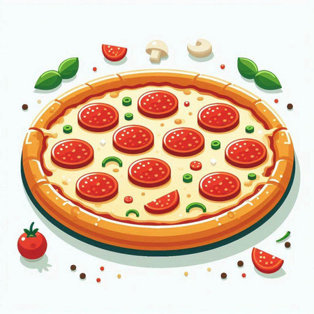 Pizza with pepperoni and mozzarella. Vector illustration.のイラスト素材