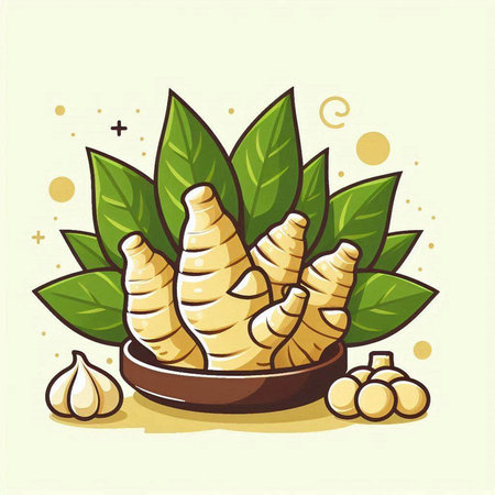 Illustration of fresh ginger root and leaves on a white background.のイラスト素材