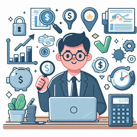 Businessman working with laptop and magnifying glass. Vector illustration.のイラスト素材
