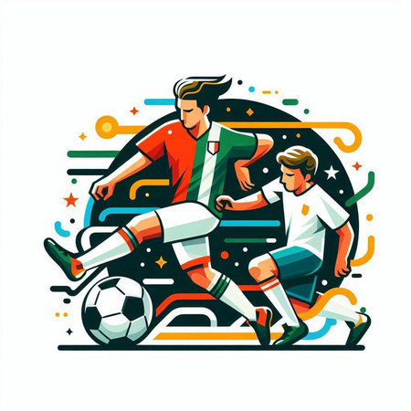 Soccer player kicking the ball. Colorful vector illustration isolated on white backgroundのイラスト素材
