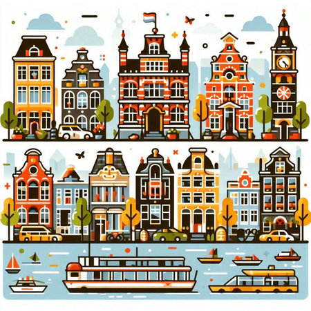 Amsterdam city. Vector illustration of Amsterdam cityscape with traditional houses and boats.のイラスト素材