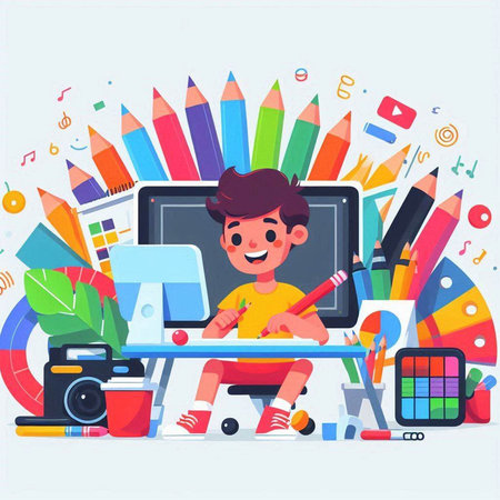 Cute little boy drawing with pencils on computer screen. Vector illustrationのイラスト素材