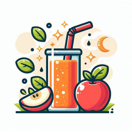 Fruit juice in a glass with a straw and apple. Vector illustration.のイラスト素材