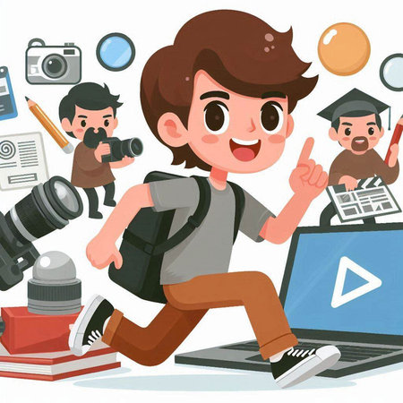 Vector illustration of a boy with a camera and a laptop in his handsのイラスト素材