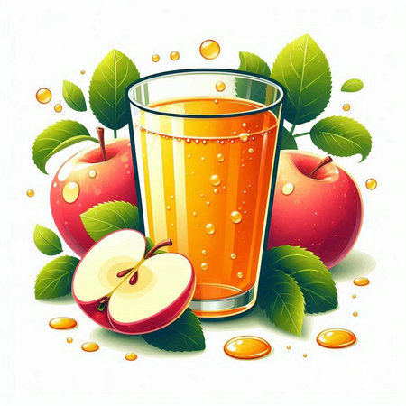 Glass of apple juice with fresh apples and leaves. Vector illustration.のイラスト素材
