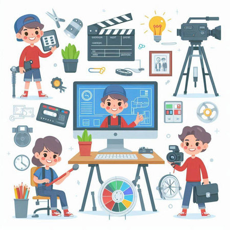 Cinema and video production. Vector cartoon illustration. Set of objects.のイラスト素材
