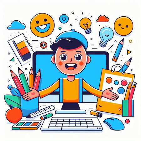 Cartoon schoolboy sitting at desk with laptop, books, pencils, lamp and other school supplies. Vector illustrationのイラスト素材