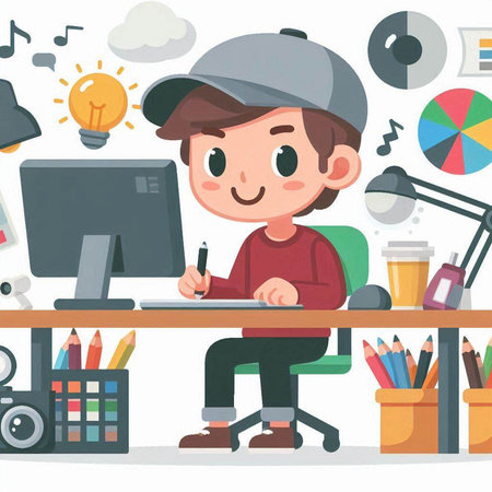 Cartoon Illustration of Cute Boy Sitting at His Desk and Working on His Computerのイラスト素材