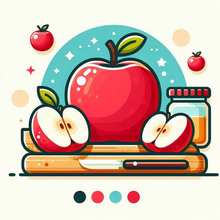 Apple and jam in a jar on a wooden tray. Vector illustration.のイラスト素材