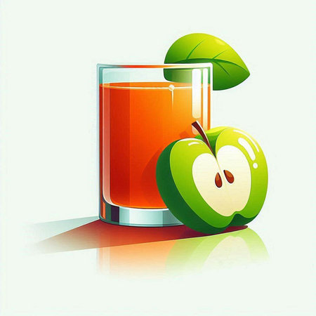 Glass of apple juice and green apple with leaves. Vector illustration.のイラスト素材