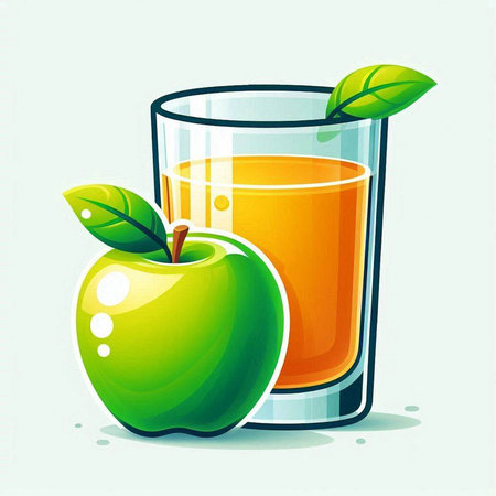 Apple juice in a glass with green apple and leaf. Vector illustration.のイラスト素材