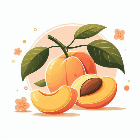 Apricot fruit vector illustration. Fresh and juicy apricot fruit with leaves.のイラスト素材