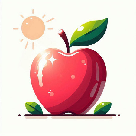 Red apple with green leaves and sun on white background. Vector illustration.のイラスト素材
