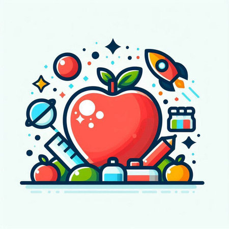 Vector illustration of apple, science, education concept. Line art design for web, site, advertising, banner, poster, board and print.のイラスト素材