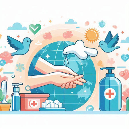 Vector illustration of hand washing with soap and sanitizer in flat style.のイラスト素材