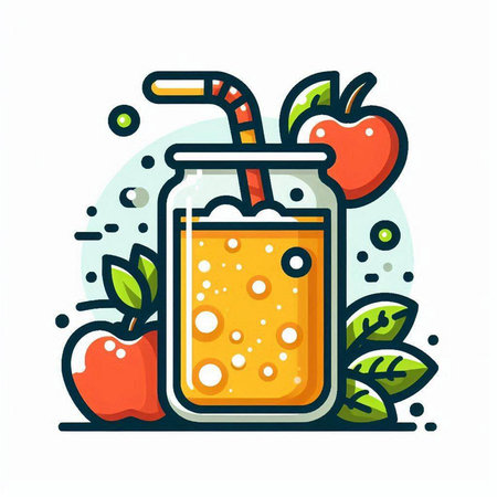 Fruit smoothie in glass jar with straw, apple and leaves. Colorful flat vector illustration.のイラスト素材
