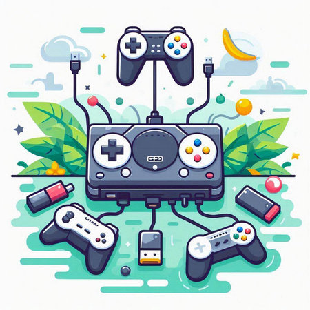 Gamepad and controller in the park. Vector illustration in flat styleのイラスト素材