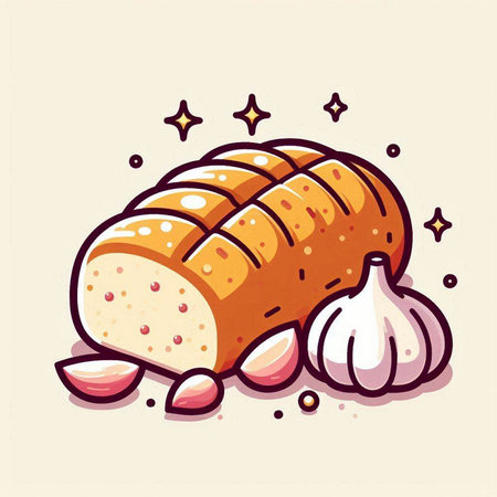 Illustration of a loaf of bread with garlic and stars on a light backgroundのイラスト素材