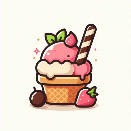 Cute strawberry ice cream in waffle cup. Vector illustration.のイラスト素材