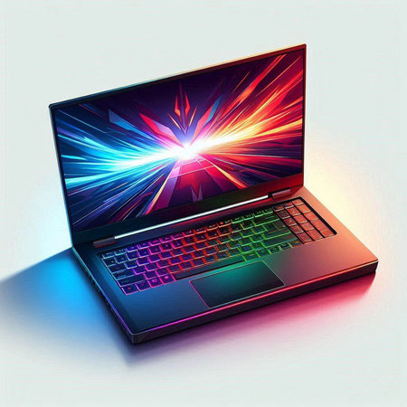 Laptop with a colorful beam on the screen. 3d illustrationのイラスト素材