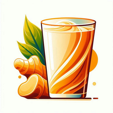 Illustration of a glass of orange juice with ginger and leaves.のイラスト素材