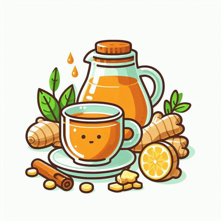 Cup of ginger tea with lemon and cinnamon. Vector illustration.のイラスト素材