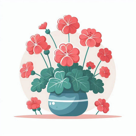 Flowerpot with geraniums. Vector illustration in flat styleのイラスト素材
