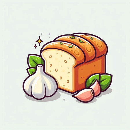 Illustration of a slice of bread with garlic and green leaves.のイラスト素材