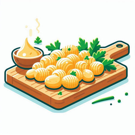 Illustration of fried potato gnocchi on a wooden cutting boardのイラスト素材