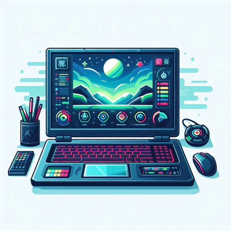 Vector illustration of a laptop computer with a gamepad on the screen.のイラスト素材