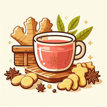 Cup of tea with ginger, cinnamon and anise. Vector illustrationのイラスト素材
