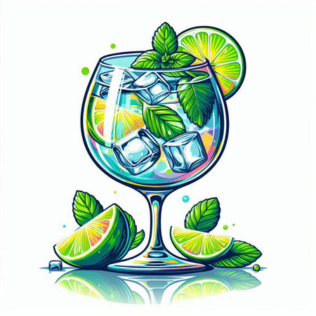 Cocktail with lime, mint and ice. Vector illustration.のイラスト素材