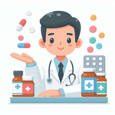 Male doctor with stethoscope and various pills. Vector illustration in flat style.のイラスト素材