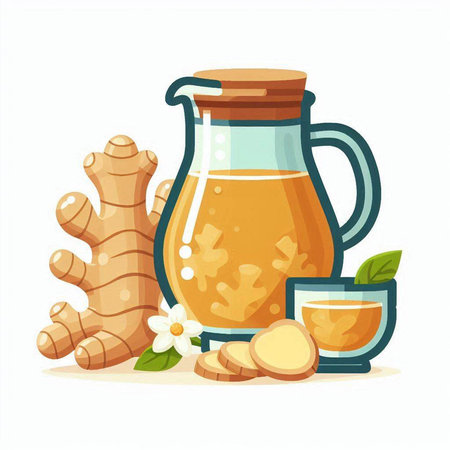 Ginger tea in a glass jug, ginger root, cup and leaves isolated on white background.のイラスト素材